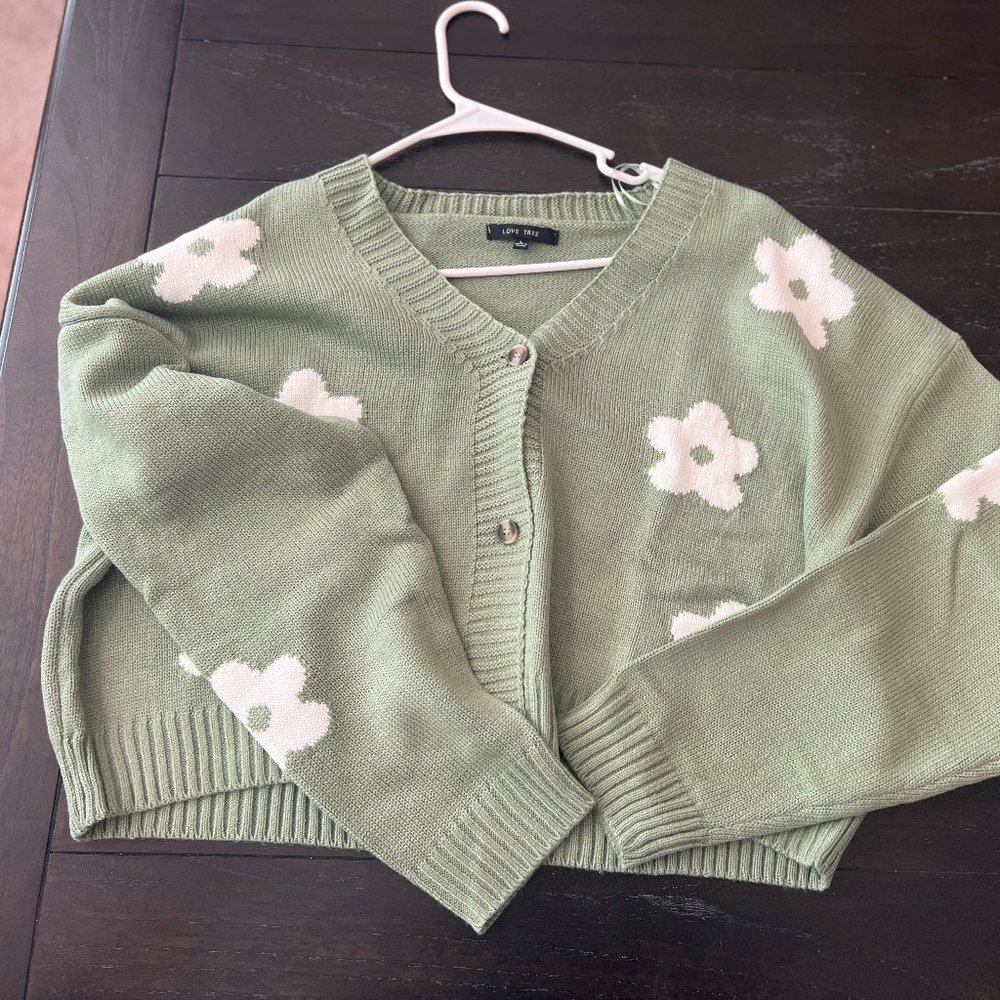 Jamilie Floral Cardigan Cropped-Sage Green